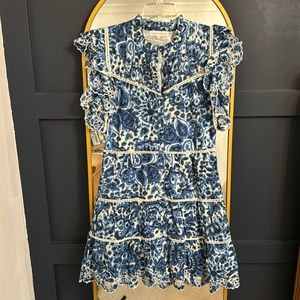 House of Harlow blue and white dress. Ruffle sleeves and ruffle hem